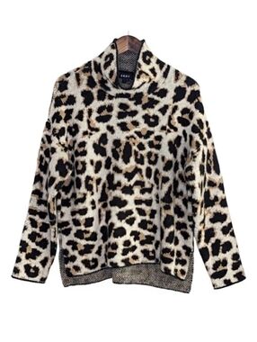 DKNY Oversized Funnel Neck Sweater Leopard Print Hi-Low Cozy Mob Wife Size L